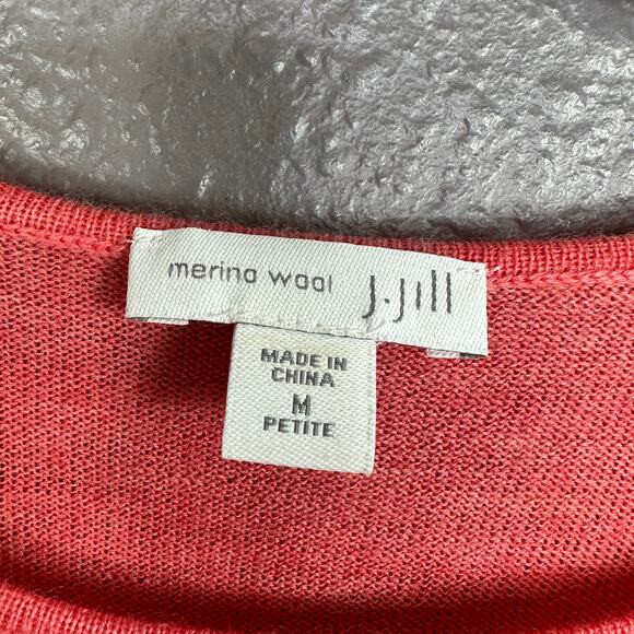 J Jill Merino Wool Tunic Pullover Sweater Petite Medium PM Coral 3/4 Sleeve - Picture 4 of 5